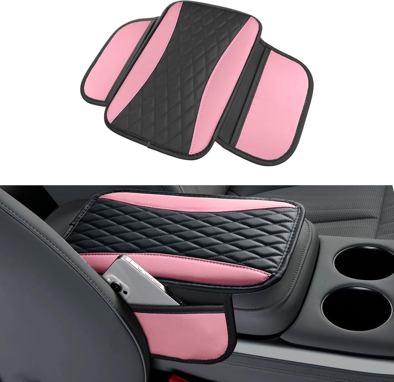 Tioollev Patchwork Leather Car Center Console Cover,Microfiber Leather Vehicle Armrest Protector Cushion with 2 Storage Bags,Universal Cars Armrest Cushion for SUV, Sedan, Truck (Pink) - Image 1